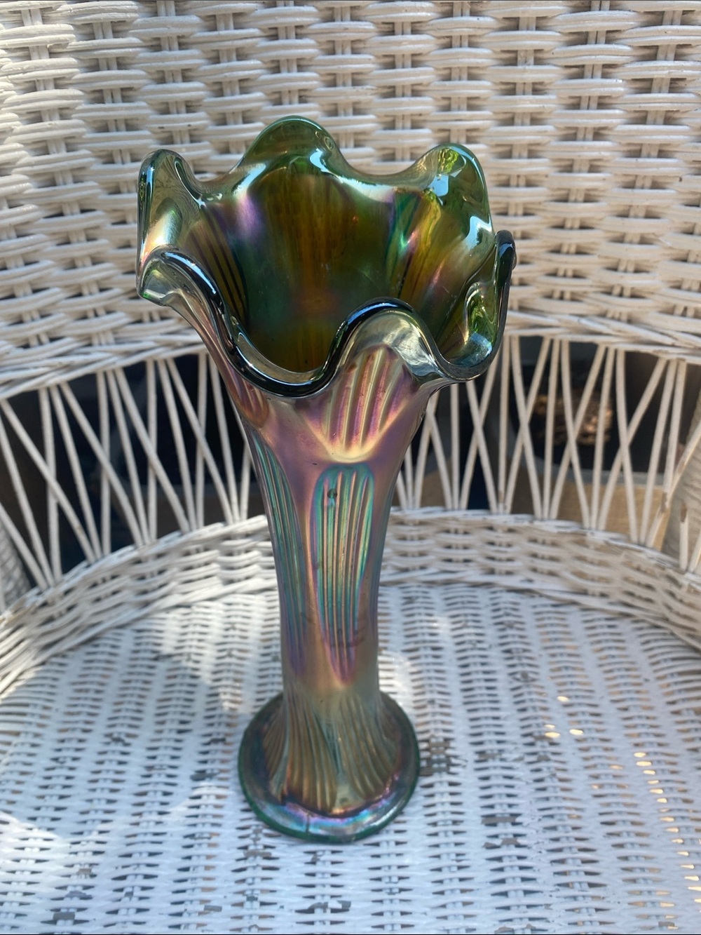 Iridescent Ruffled Glass Vase - Green Purple Gold Sheen